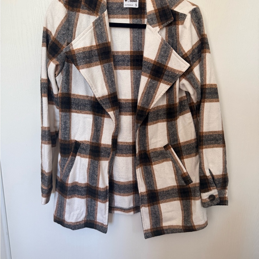 Ci Sono Plaid Open Front Blazer in Cream, Brown & Gray